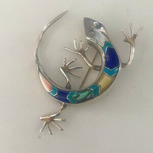 Native American Vintage Zuni 90s Inlaid Lizard Sterling Silver Pin and Necklace